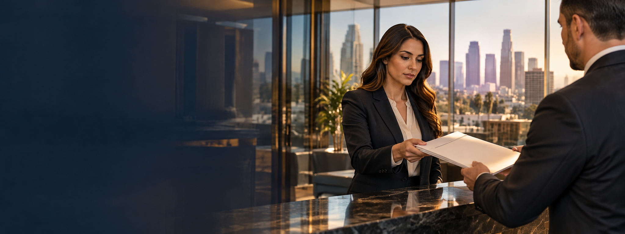 Corporate & Registered Agent Service Los Angeles — Prestige Serves professional at desk with LA skyline
