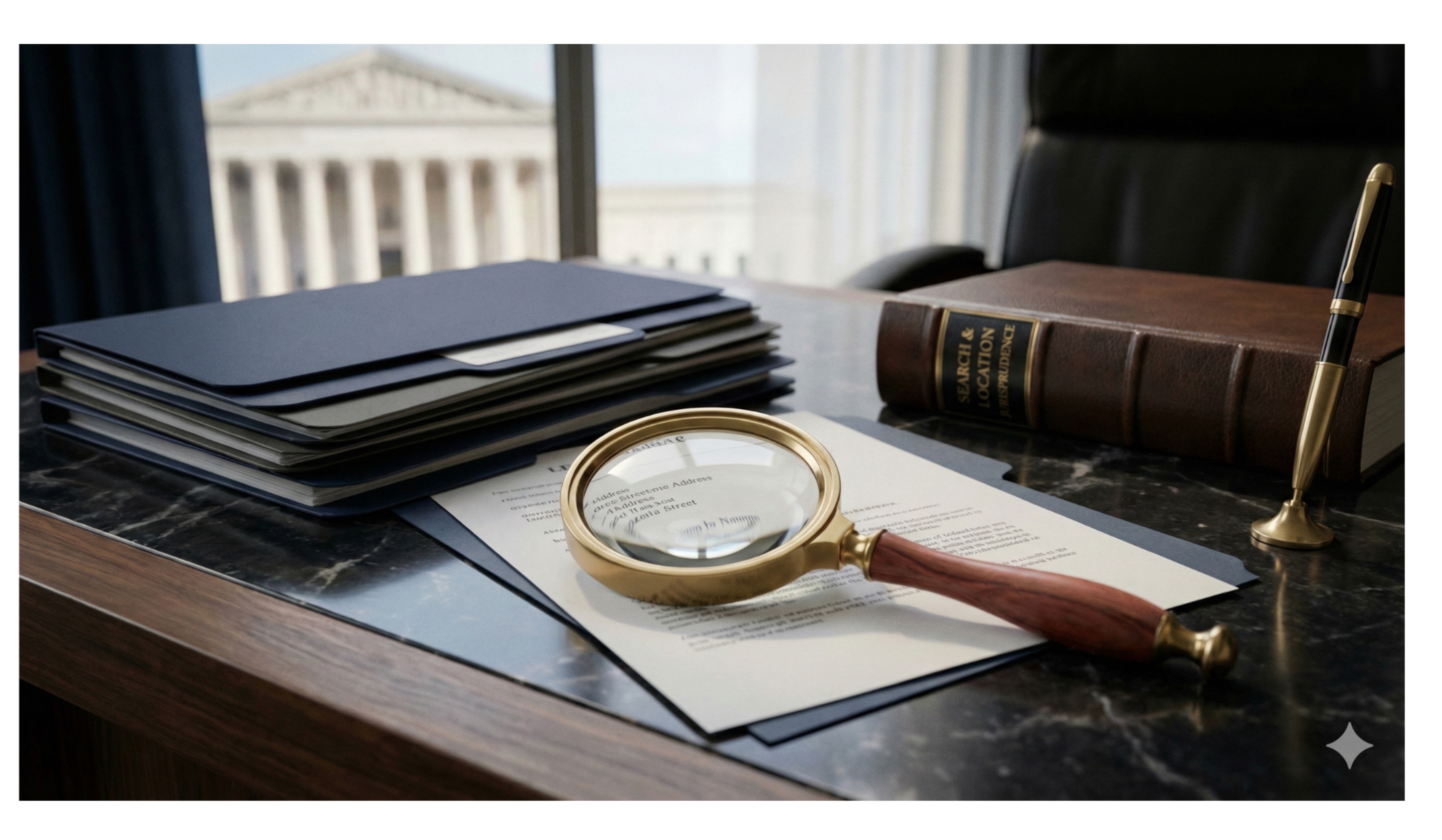 Skip tracing legal research — magnifying glass on legal documents